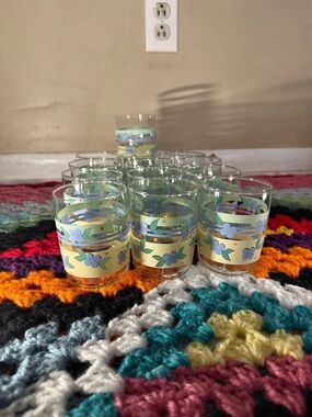 Vintage Floral Band Glasses - Blue and Yellow Flower Pattern (Set of 13)